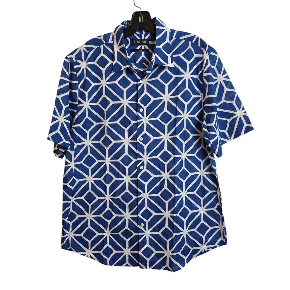 Piombo Mens Blue Geometric Print Short Sleeve Button Down Shirt - Large